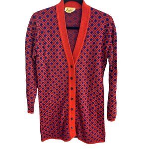 Beeline Fashions Vintage 60s Mod Orange Blue Diamond Knit Cardigan Sweater M